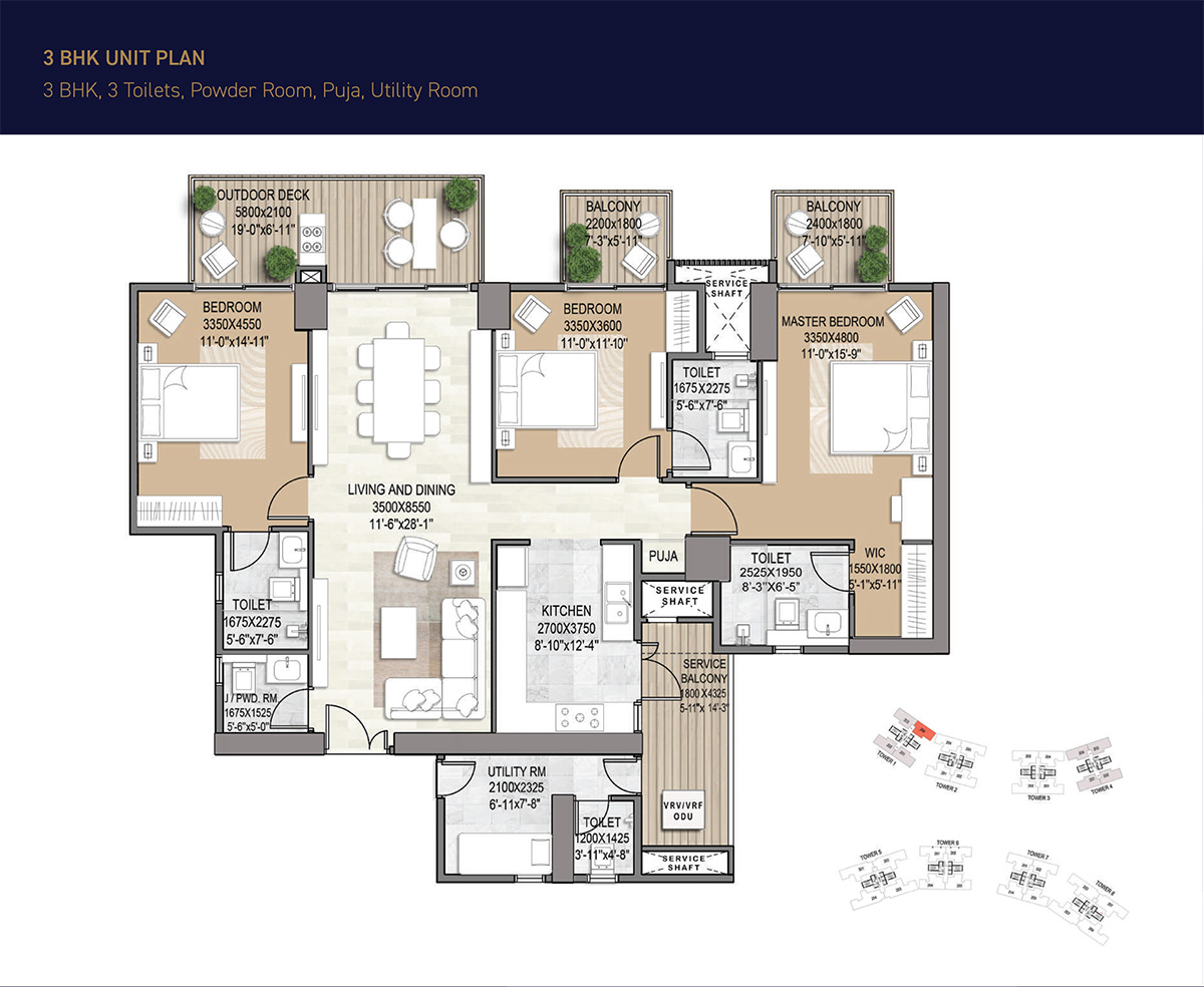 3 BHK Apartment Floor Plan