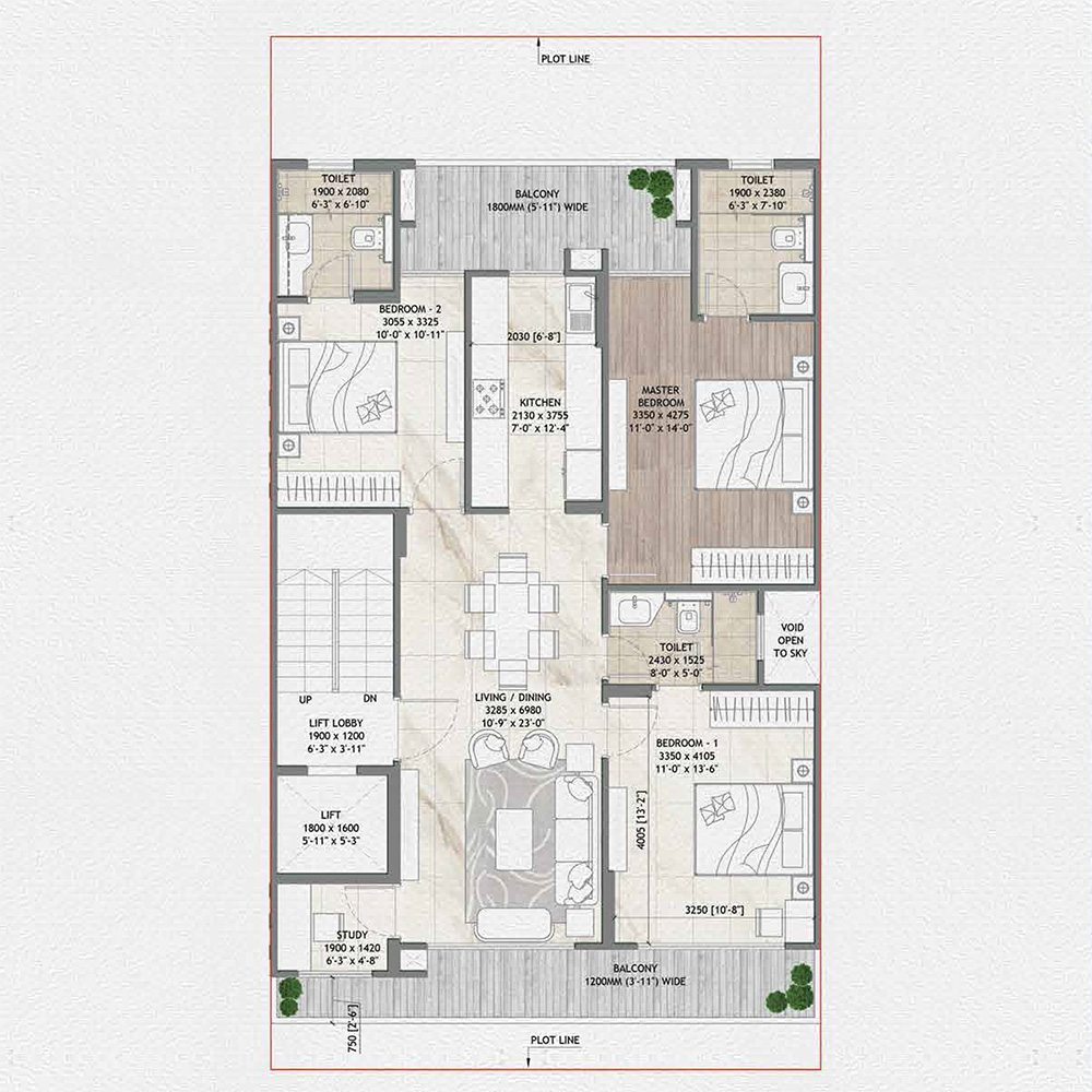 3 BHK Apartment Floor Plan